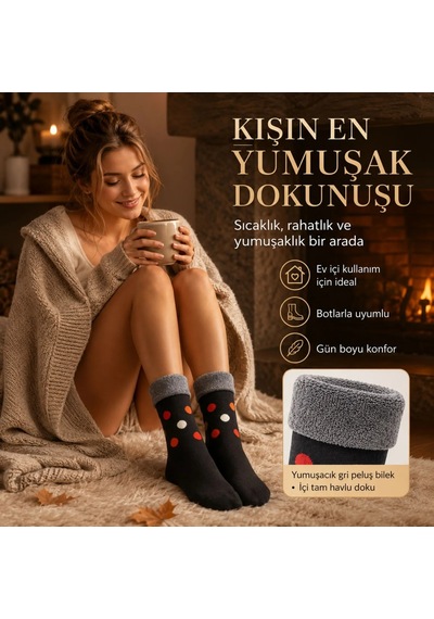 Genel 6 Lı Kadın Kışlık Havlu Çorap Sıcak Tutan Karışık Desenli Yumuşak Çoklu Çor Siyah / 36-40 / 6 Adet