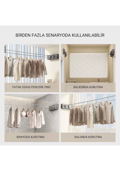 Polham 5.1 Metre Uzayabilir Çift Halatlı Çelik Dayanıklı Çek-bırak Çamaşır İpi, 40 Kg Taşıma Kapasiteli Gri