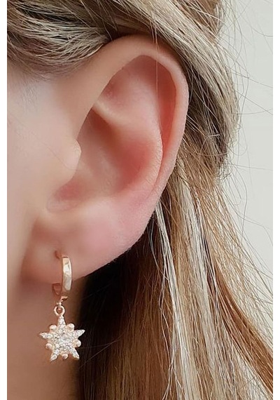 Zirkon Taşlı 925 Ayar Gümüş Rose Kutup Yıldızı Sallantılı Küpe