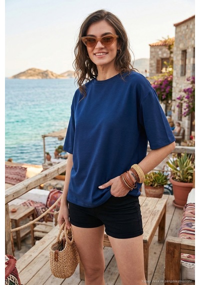 Lela Streç Oversize Fit Bisiklet Yaka Bayan T Shirt 5865911 Lacivert
