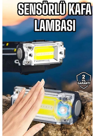 Mey İthalat Beyaz Led Işık Sensörlü Kafa Lambası Lityum Batarya Led El Fenerli Şarjlı