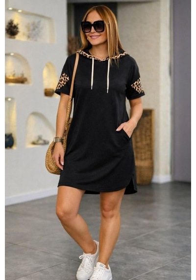 Butik İstanbul Kadın Kısa Kollu Kapşonlu Yakadan Bağcıklı Cep Detaylı Kısa Viskon Iki Iplik Elbise Siyah