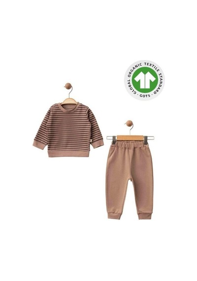 Zekids Erkek Bebek Çizgili Organik Eşofman Takım-15482 Kahverengi