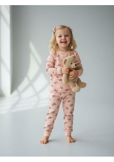Kız Çocuk Pamuklu Fiyonklu Pijama Takımı-16829 Pudra