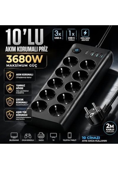 10 Lu Akım Korumalı Priz 3680w 3 Usb-a + 1 Usb-c Girişli Çoklu Grup Priz Anahtarlı 2 Metre Uzatma Kablosu Çocuk Korumalı Çoklu Priz Siyah