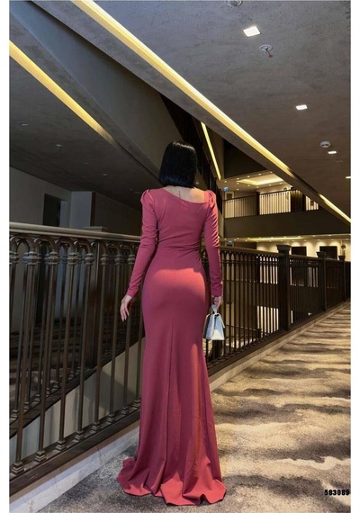 Lior Design Kadın Hediyelik Bisiklet Yaka Taş Detaylı Maxi Abiye Elbise Gülkurusu