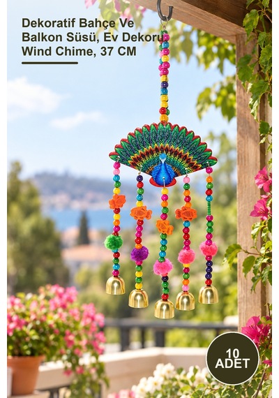 10 Adet Tavuskuşu Rüzgar Çanı Dekoratif Bahçe Ve Balkon Süsü, Ev Dekoru, Wind Chime, 37 Cm