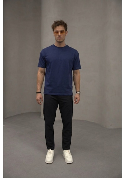 Bürke Lacivert Renk Standart Kalıp Basic Bisiklet Yaka T-shirt