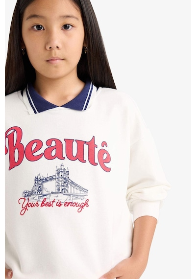 Defacto Relax Fit Polo Yaka Baskılı Sweatshirt Kız Çocuk F2251A825AU Ekru