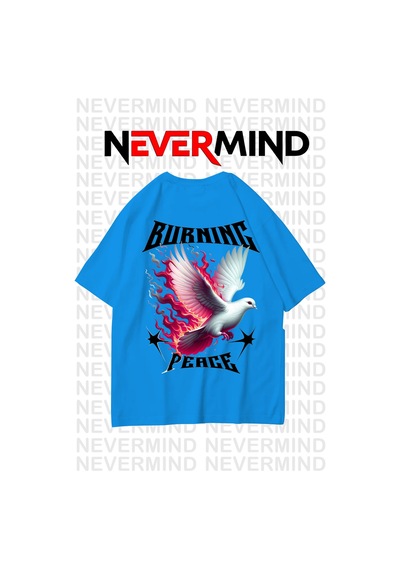 Nevermınd Unisex Burning Peace Baskılı %100 Pamuk Oversize Tişört Mavi Mavi