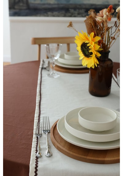 Yakacihome Ziggy Duck Keten Yıkanabilir Leke Tutmaz Acı Kahve Su Taşı Biyeli Runner 40x140 Cm Kahve - Krem