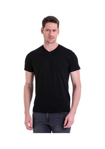Hatemoğlu Siyah Düz Slim Fit 100% Pamuk V Yaka Tişört Siyah