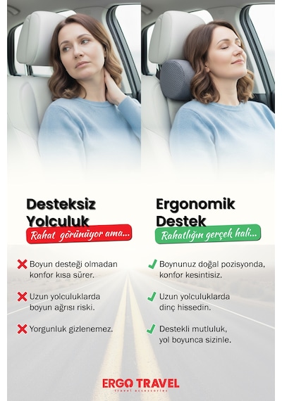 Viscofoam Carfort Küçük Visco Araç Boyun Yastığı – Ortopedik Oto Koltuk Boyun Desteği - Araç Yastığı - Gri | Ergo Travel
