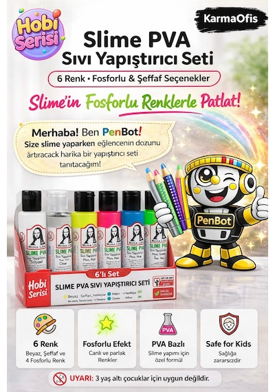 Slime Pva Sıvı Yapıştırıcı Seti 6 Lı Fosforlu & Şeffaf Renkler Çocuklar İçin Güvenli