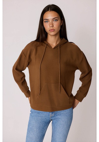 Vitrin Omuz Dekolteli Kanguru Cep Kapüşonlu Sweatshirt Kahve