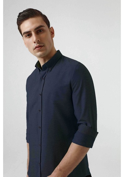 D'S Damat Ds Damat Slim Fit Armürlü Düğmeli Yaka Pamuklu Gömlek 5HC02ORT07265 - Lacivert
