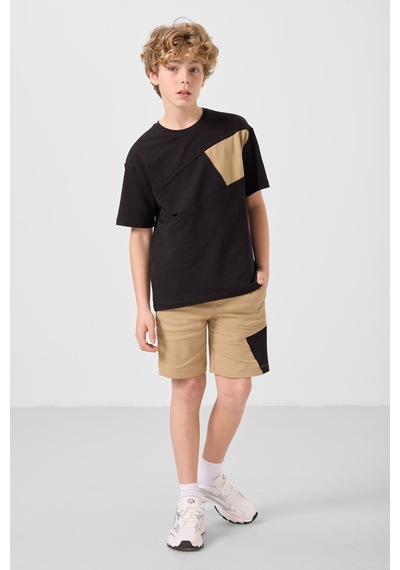 Siyah-koyu Bej Pamuklu Oversize Fit Dokuma Hafif Esnek Chino Erkek Çocuk Şort Takım - 11275 Siyah