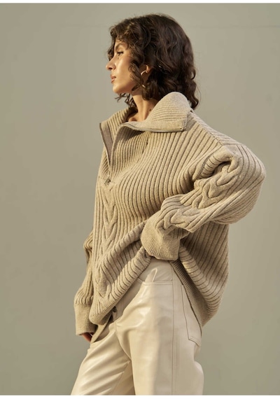 Mai Collection Mai Studios Co. Rika Vizon Saç Örgü Fermuarlı Triko Kazak Vizon