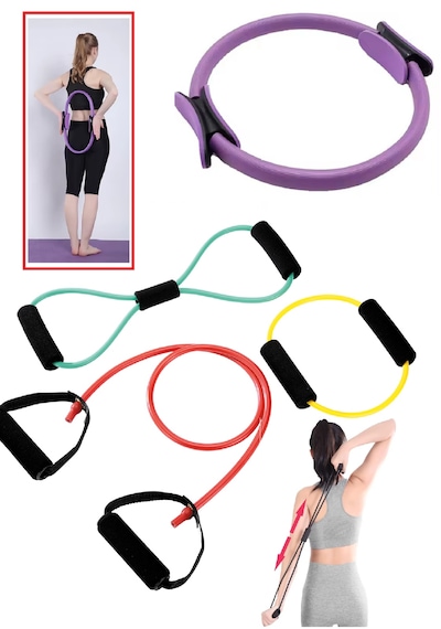 Pilates Çemberi Ve 3 Lü Direnç Lastiği Fonksiyonel Egzersiz Seti Sihirli Halka Ve Çok Yönlü Set Çok Renkli