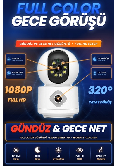 Homesmart Çift Lensli Wifi Güvenlik Kamerası Döner Başlıklı Renkli Gece Görüşlü Hareket Algılamalı İki Yönlü Sesli Akıllı Ev Kamerası