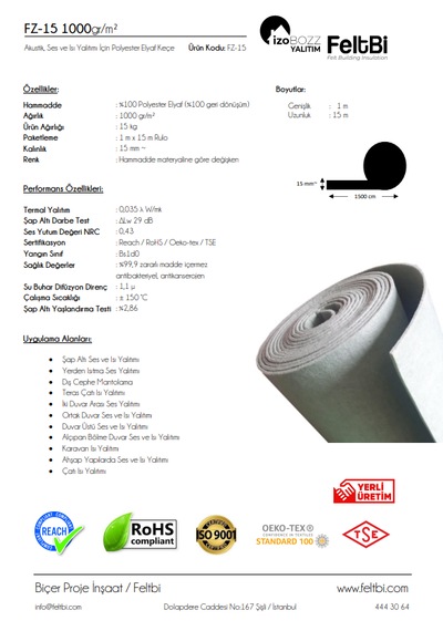 İzobozz&feltbi 15mm 1000 Gr/m2 Isı Ve Ses Yalıtımı Polyester Elyaf Keçe