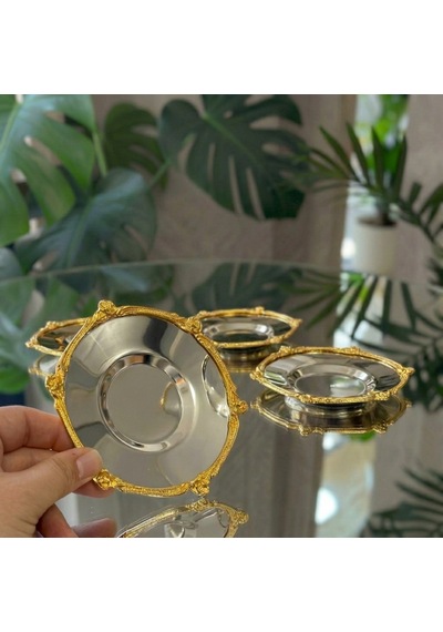 Gold - Gümüş Dekoratif Çerçeveli 6 Lı Metal Çay Tabağı Seti Lüks Çay Sunum Tabağı