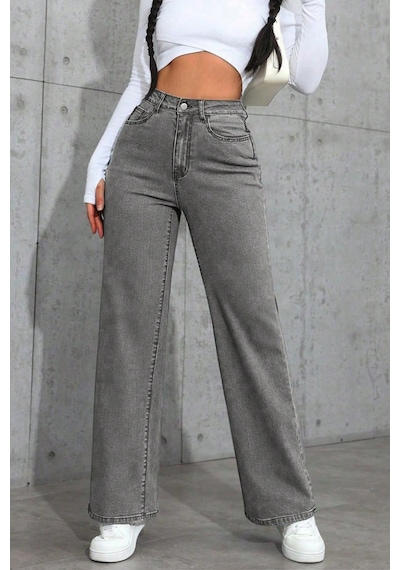 Füme Palazzo Pantolon Wide Leg Yüksek Bel Denim Jeans Füme