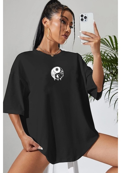 Unisex Yin & Yang Baskılı T-shirt Siyah