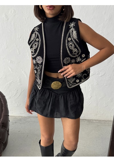 Verymoda Fitili Kadife Nakışlı Yelek Vmf2010 Siyah