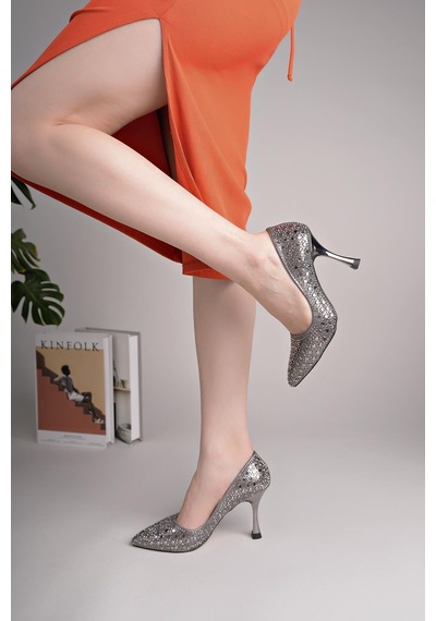 Nesilshoes Nesil Shoes Özma 500 Platin Taşlı Topuklu Kadın Stiletto