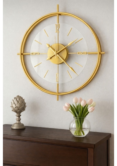 MetaQuartz Aksesuar (Büyük Boy-55*55cm) Gold Çiftçember Seri -modern Dekoratif Camlı Metal Saat Altın