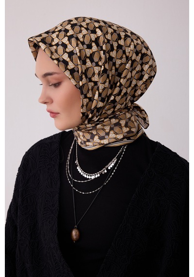 Belli Geometrik Desen %100 Twill İpek Eşarp Be03 Siyah