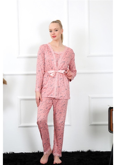 İbrahim Burak Etiler Collection Moda Çizgi Kadın 3'lü Gül Kurusu Sabahlık Pijama Takım 16103