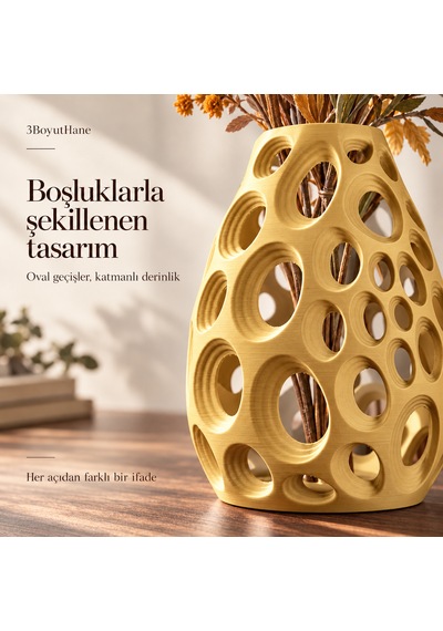 Dekoratif Vazo 20 Cm Oval Delikli Modern Tasarım Kuru Ve Yapay Çiçek Vazosu Altın