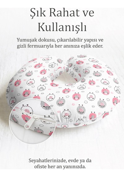 Koyun Desenli Ergonomik Boyun Yastığı - Sevimli Pastel Pembe Gri Yumuşak Seyahat Yastığı Metalik Koral