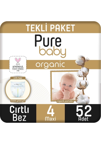 Pure Baby Organik Pamuklu Cırtlı Bez 4 Numara Maxi 52 Adet