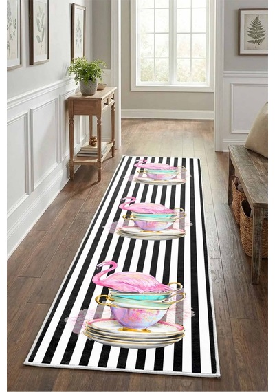 Fincanlı Flamingo Yıkanabilir Yolluk Siyah
