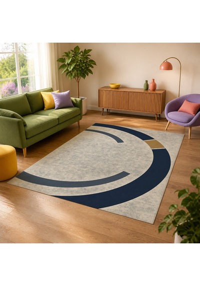 Kartela Halı Yörünge Daire Desenli Modern Halı Lacivert Kaymaz Taban Makinede Yıkanabilir 200x300 Cm