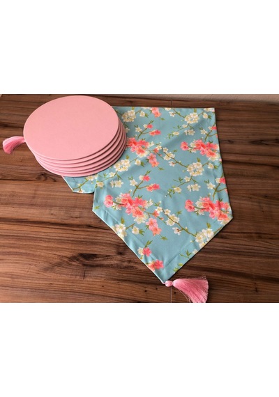 Mint Zemin Üzerine Pembe Çiçek Desenli Runner & Supla Çok Renkli