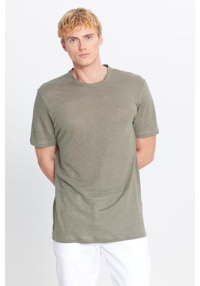 AC&Co / Altınyıldız Classics Erkek Hakı %100 Keten Slim Fit Dar Kesim Bisiklet Yaka Tişört Hakı