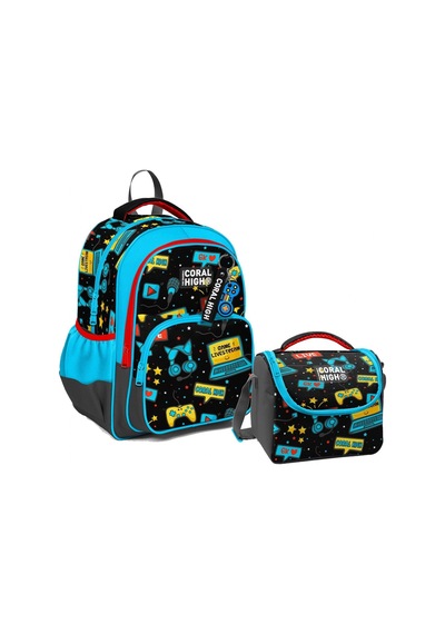Coral High Üç Gözlü İlkokul Çantası ve Beslenme Çantası - Siyah Mavi Gamer Desenli - Erkek Çocuk Coral High Üç Gözlü İlkokul Çantası ve Beslenme Çantası - Siyah Mavi Gamer Desenli - Erkek Çocuk