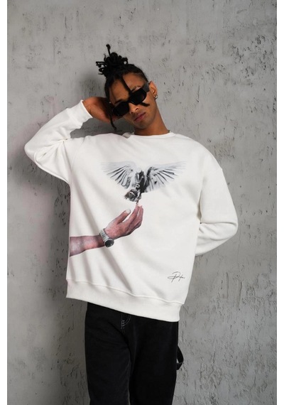 Ertaştrendstore Erkek Güvercin Baskılı 3 İplik Pamuklu Bisiklet Yaka Sweatshirt - Beyaz Çok Renk