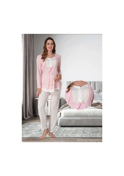 Effortt Dvina Lohusa Hamile Uzun Kollu Puantiyeli Pijama Takımı - Pembe Pembe