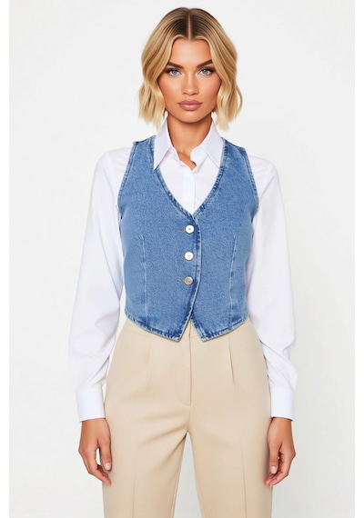 Benerly Kadın V Yaka Kolsuz Fitted Denim Yelek Düz Desen Astarsız Regular Mavi