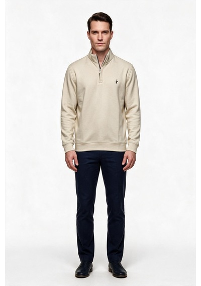 Legato Erkek Dik Yaka Yarım Fermuarlı Pamuk Karışımlı Uzun Kollu Sweatshirt Bej