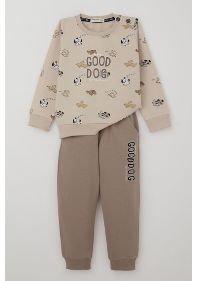 Breeze Erkek Bebek Eşofman Takım Sevimli Köpekçikler Desenli 9 Ay-3 Yaş, Bej Bej