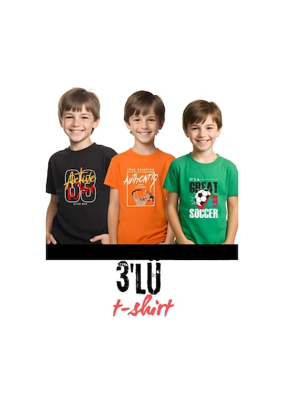 Panios Kids 3lü Yuvarlak Yaka Çocuk Baskılı Kısa Kollu T-shirt Çok Renkli
