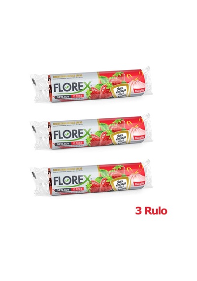 Florex 40 Litre Büzgülü Çilek Kokulu Çöp Torbası Poşeti / 55 x 60 CM - 10 Adetlik 3 Rulo