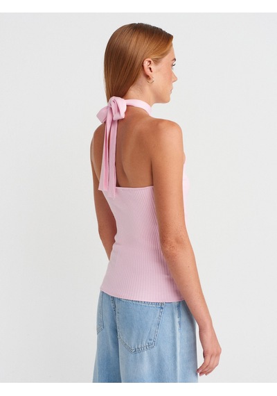 Dilvin 10798 Halter Bağlamalı Yaka Fitilli Triko Bluz-pembe Pembe