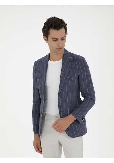 Cacharel İndigo Slim Fit %100 Keten Ceket Mavi